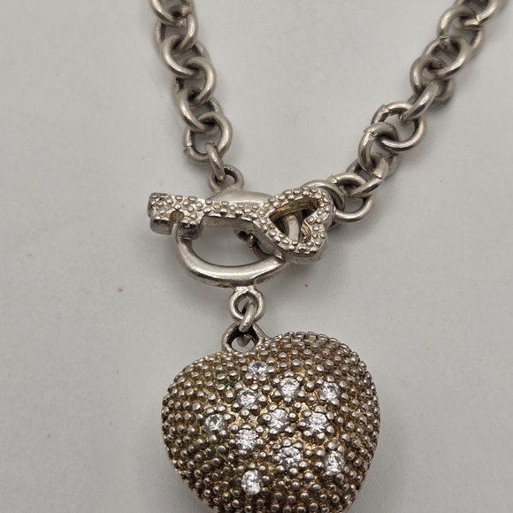 Puffy Heart Rhinestones Silver 925 Necklace Chain Front Toggle Clasp 18" - Picture 7 of 8